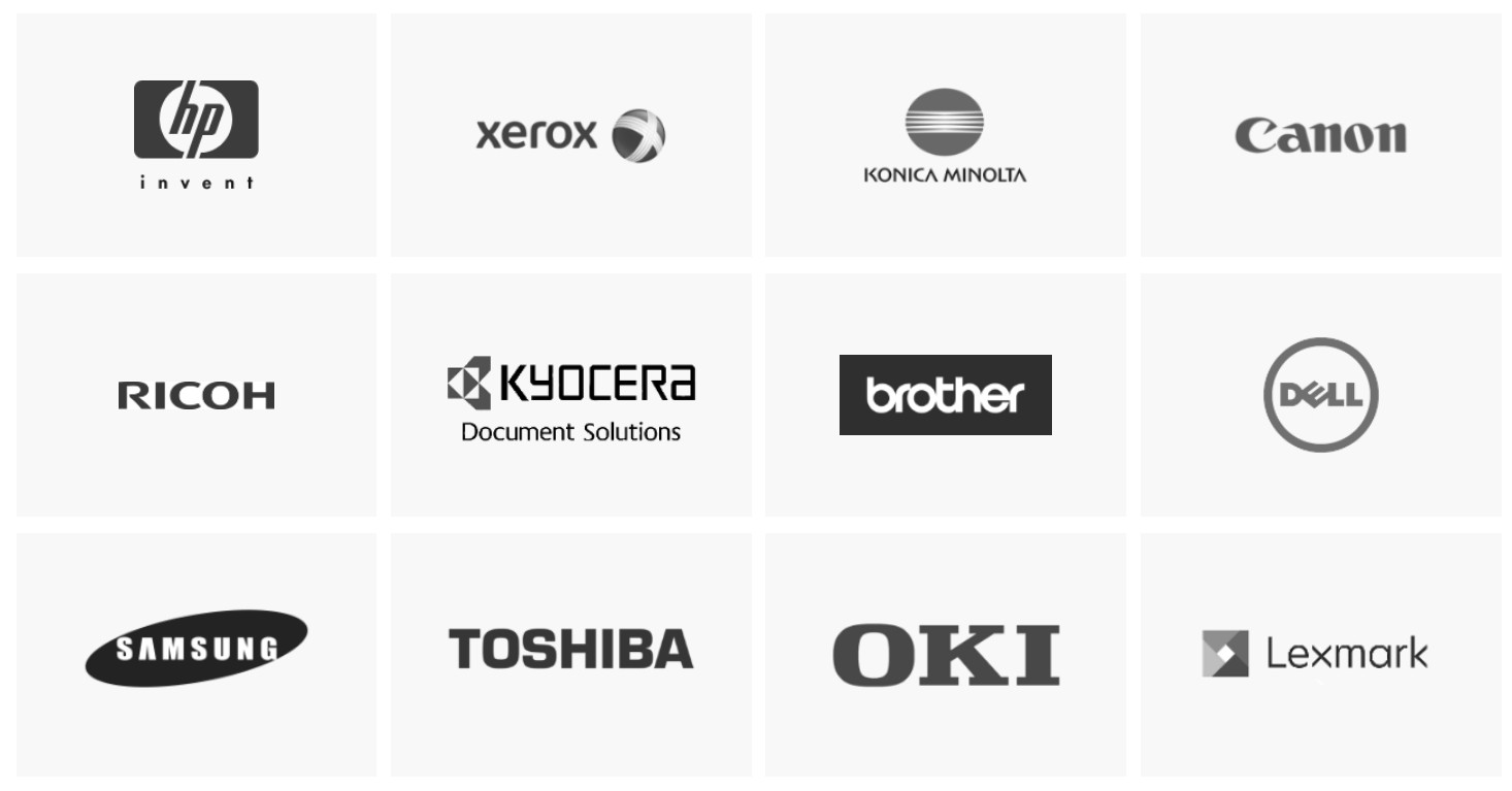Brands we work with including HP, Canon, Dell, Xerox, Brother, Samsung, Lenovo, Epson, and more